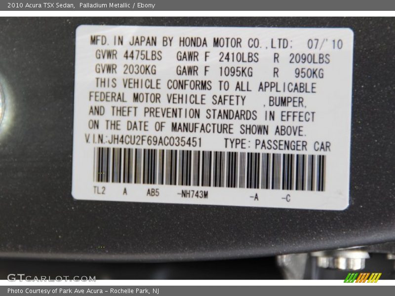 Palladium Metallic / Ebony 2010 Acura TSX Sedan