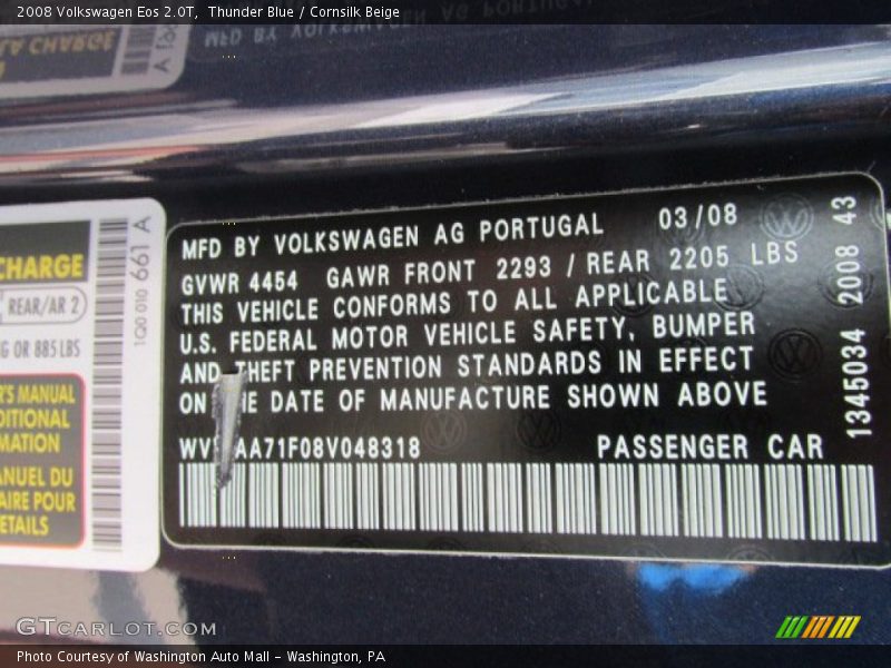 Thunder Blue / Cornsilk Beige 2008 Volkswagen Eos 2.0T