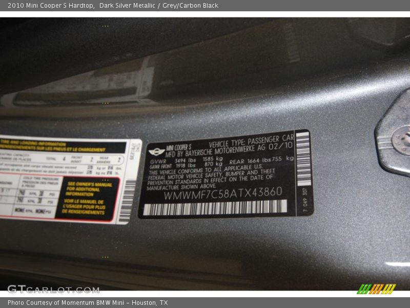 Dark Silver Metallic / Grey/Carbon Black 2010 Mini Cooper S Hardtop