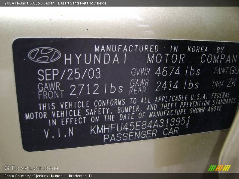 Desert Sand Metallic / Beige 2004 Hyundai XG350 Sedan