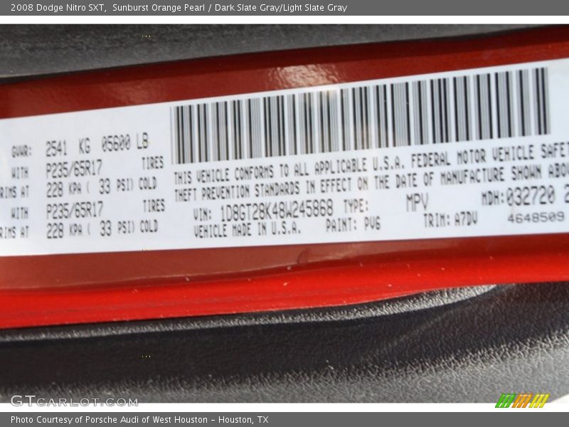 Sunburst Orange Pearl / Dark Slate Gray/Light Slate Gray 2008 Dodge Nitro SXT