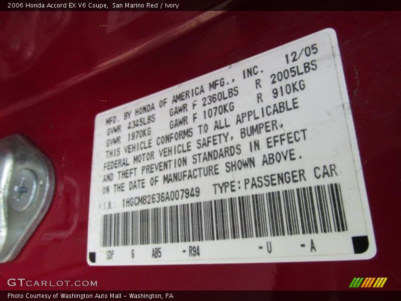 2006 Accord EX V6 Coupe San Marino Red Color Code R94