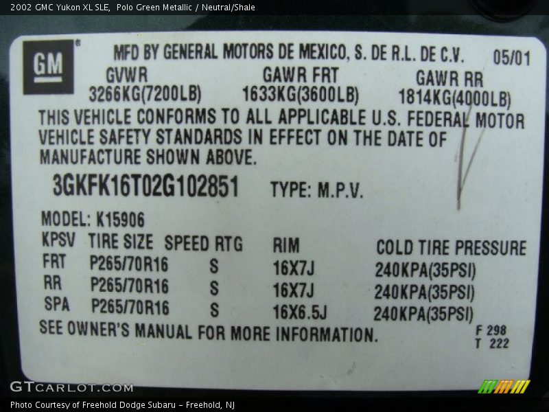 Info Tag of 2002 Yukon XL SLE
