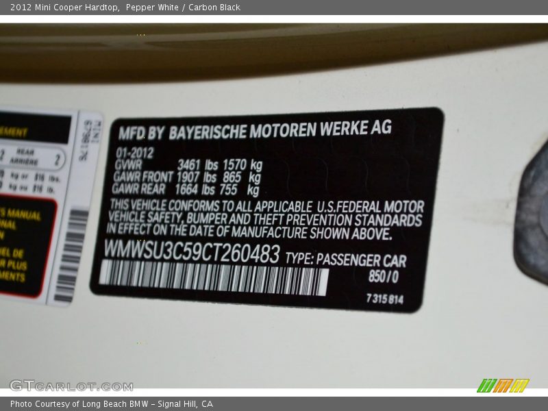 Pepper White / Carbon Black 2012 Mini Cooper Hardtop