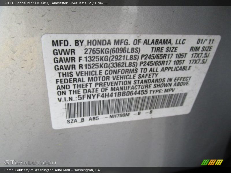 Alabaster Silver Metallic / Gray 2011 Honda Pilot EX 4WD
