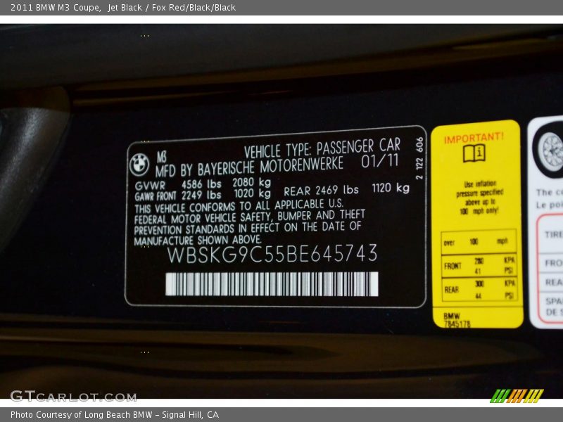 Jet Black / Fox Red/Black/Black 2011 BMW M3 Coupe