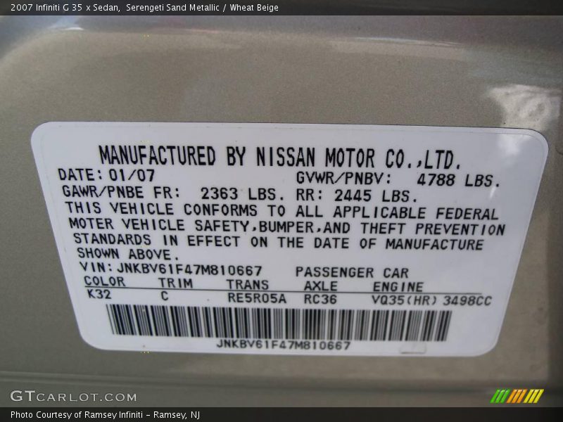 Serengeti Sand Metallic / Wheat Beige 2007 Infiniti G 35 x Sedan