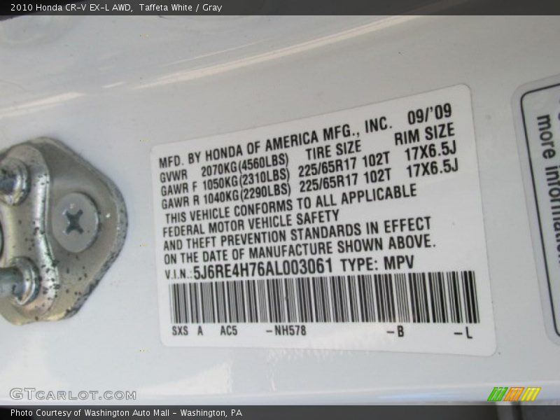 Taffeta White / Gray 2010 Honda CR-V EX-L AWD