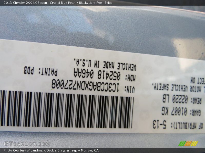 Crystal Blue Pearl / Black/Light Frost Beige 2013 Chrysler 200 LX Sedan