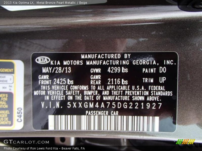 Metal Bronze Pearl Metallic / Beige 2013 Kia Optima LX