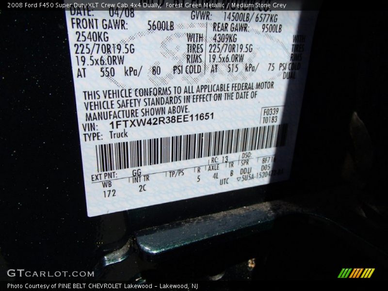 2008 F450 Super Duty XLT Crew Cab 4x4 Dually Forest Green Metallic Color Code GG