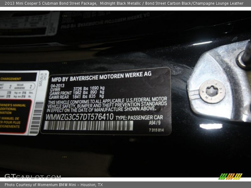 2013 Cooper S Clubman Bond Street Package Midnight Black Metallic Color Code A94