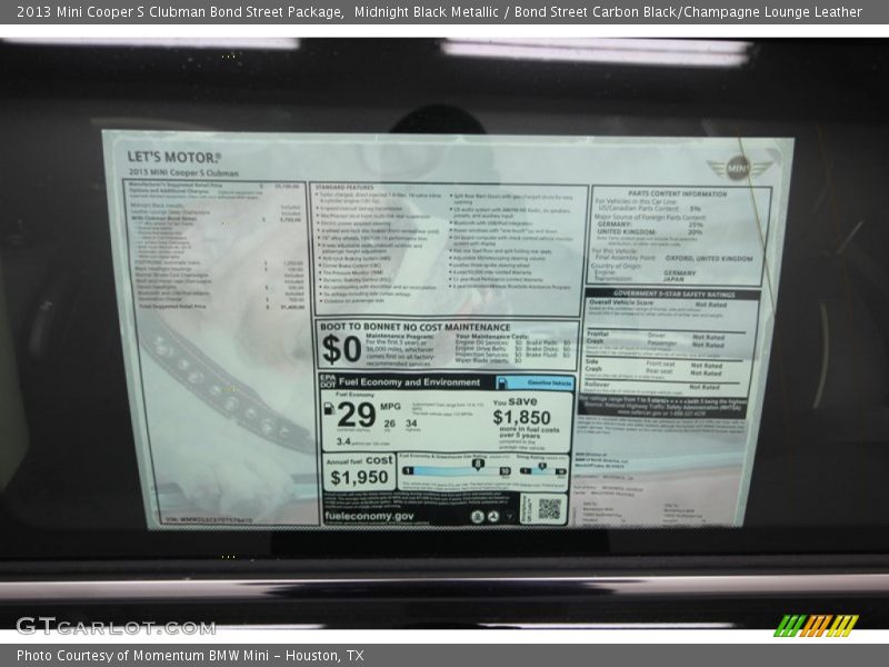  2013 Cooper S Clubman Bond Street Package Window Sticker