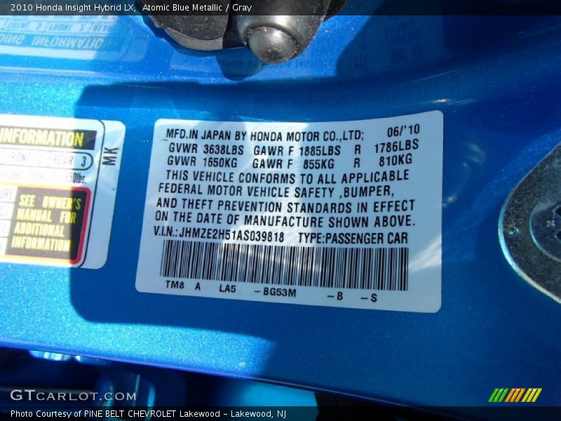Atomic Blue Metallic / Gray 2010 Honda Insight Hybrid LX
