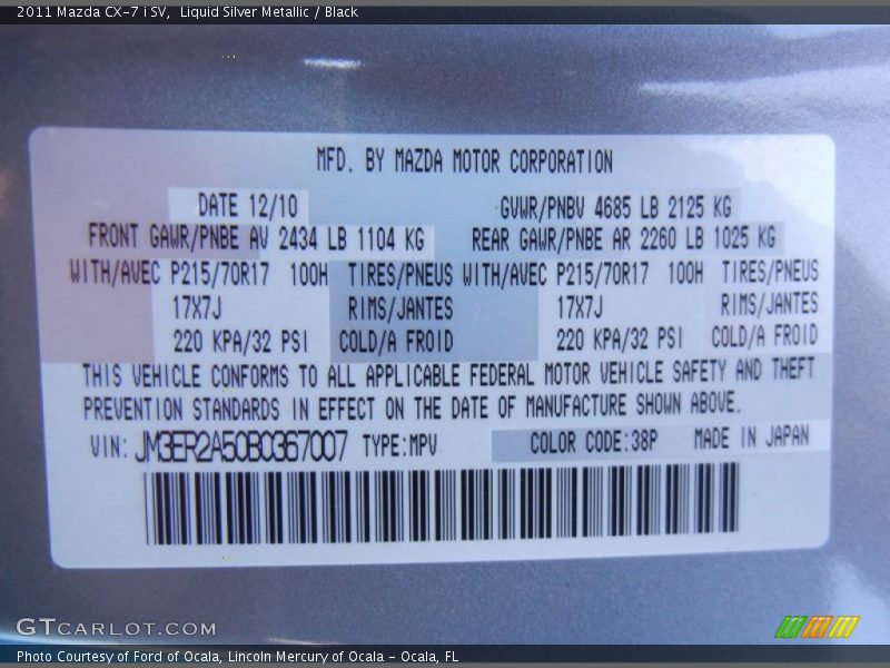 Liquid Silver Metallic / Black 2011 Mazda CX-7 i SV