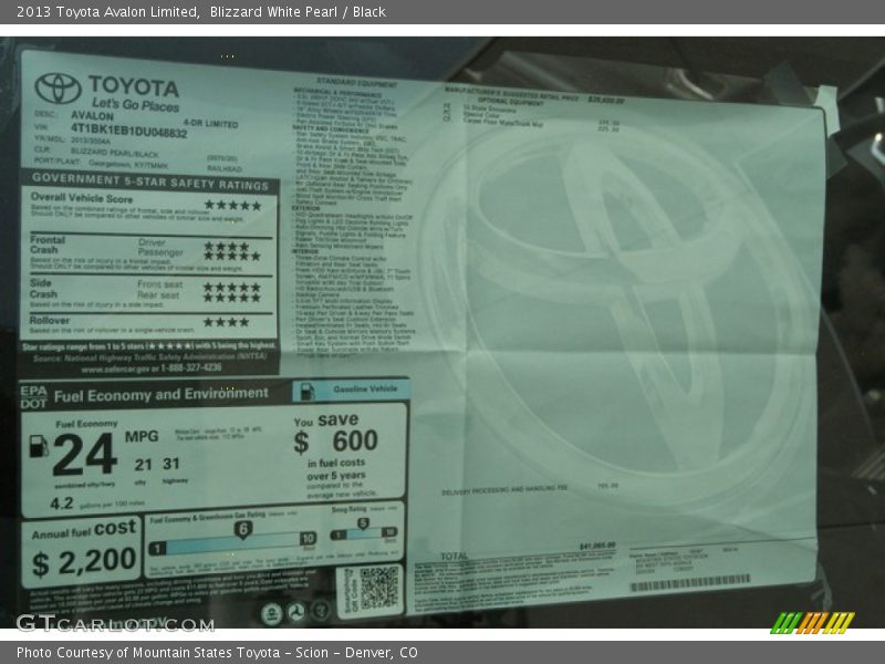 Blizzard White Pearl / Black 2013 Toyota Avalon Limited
