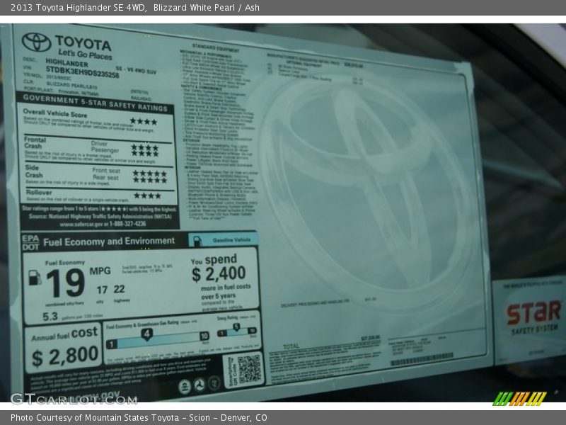 Blizzard White Pearl / Ash 2013 Toyota Highlander SE 4WD