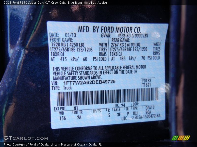 2013 F250 Super Duty XLT Crew Cab Blue Jeans Metallic Color Code N1