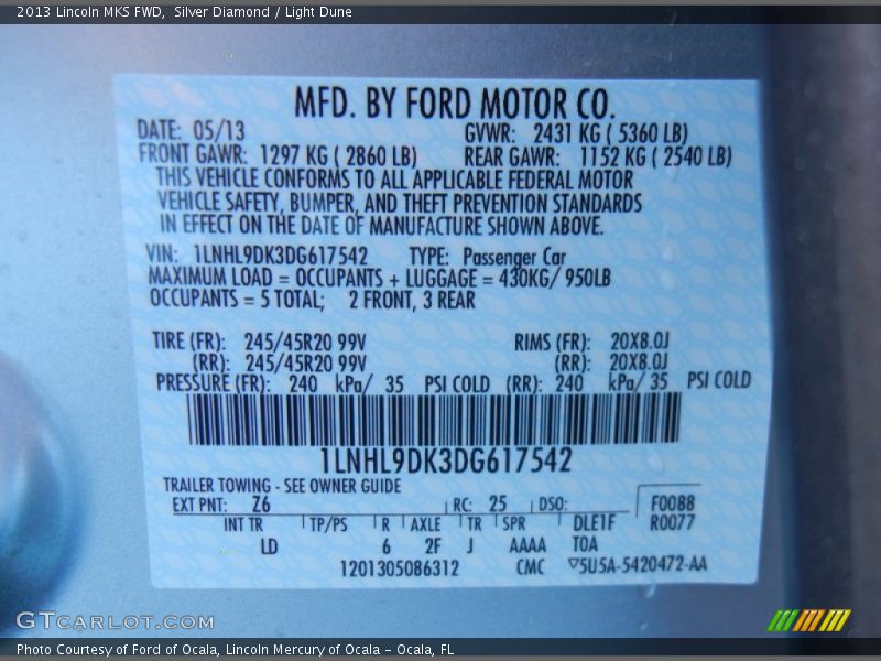Silver Diamond / Light Dune 2013 Lincoln MKS FWD