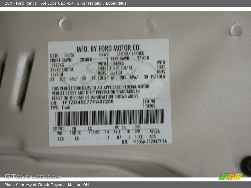 2007 Ranger FX4 SuperCab 4x4 Silver Metallic Color Code YN