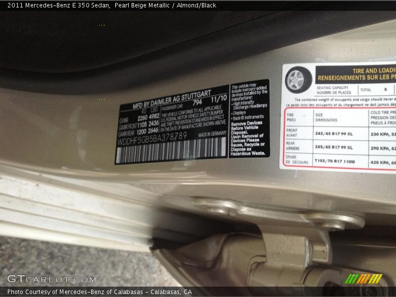2011 E 350 Sedan Pearl Beige Metallic Color Code 794