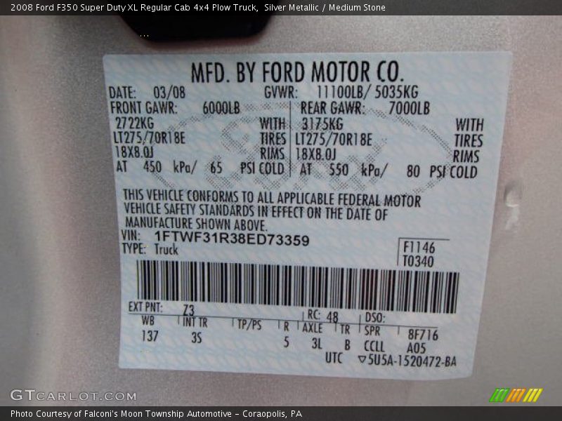 2008 F350 Super Duty XL Regular Cab 4x4 Plow Truck Silver Metallic Color Code Z3