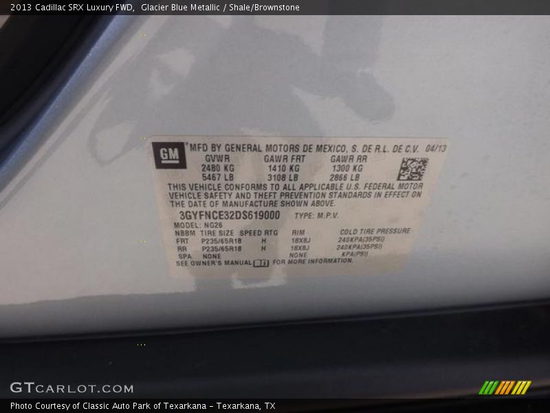 Glacier Blue Metallic / Shale/Brownstone 2013 Cadillac SRX Luxury FWD