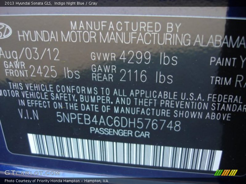 Indigo Night Blue / Gray 2013 Hyundai Sonata GLS
