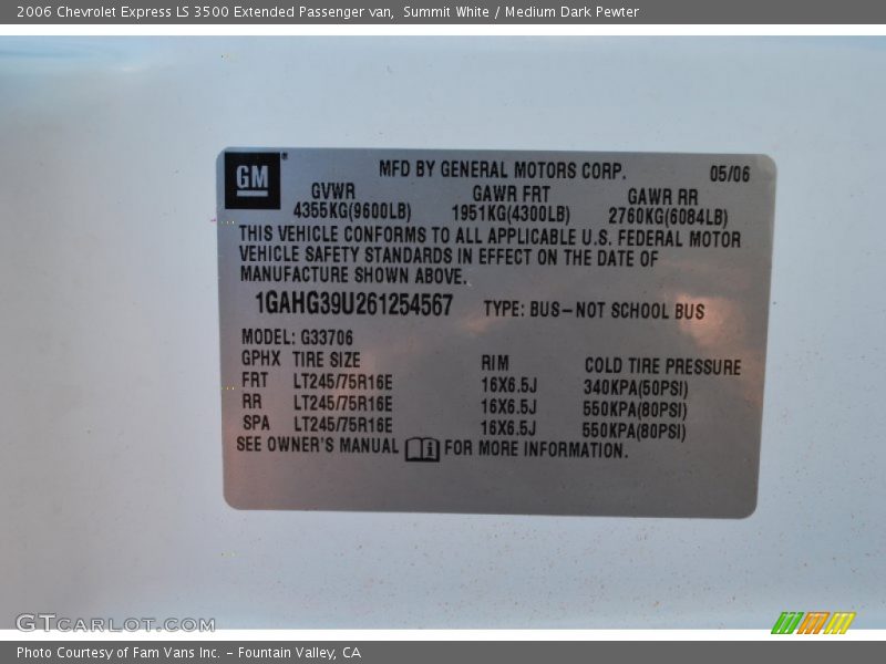 Info Tag of 2006 Express LS 3500 Extended Passenger van