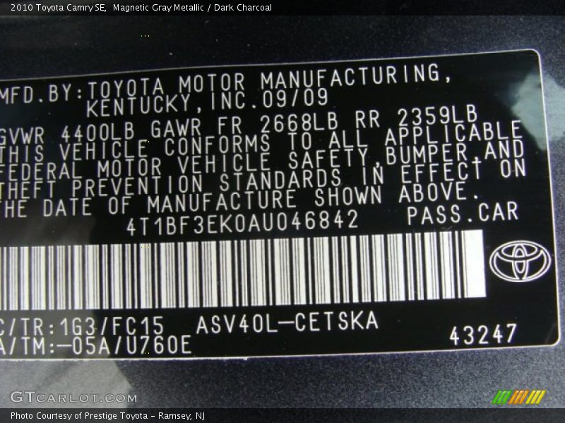 Magnetic Gray Metallic / Dark Charcoal 2010 Toyota Camry SE