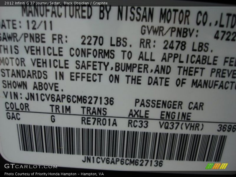 Black Obsidian / Graphite 2012 Infiniti G 37 Journey Sedan
