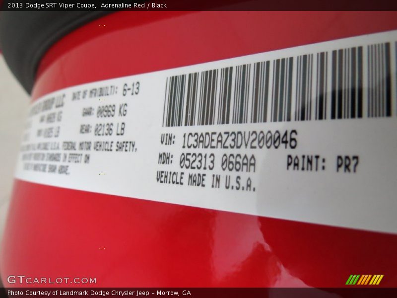 2013 SRT Viper Coupe Adrenaline Red Color Code PR7
