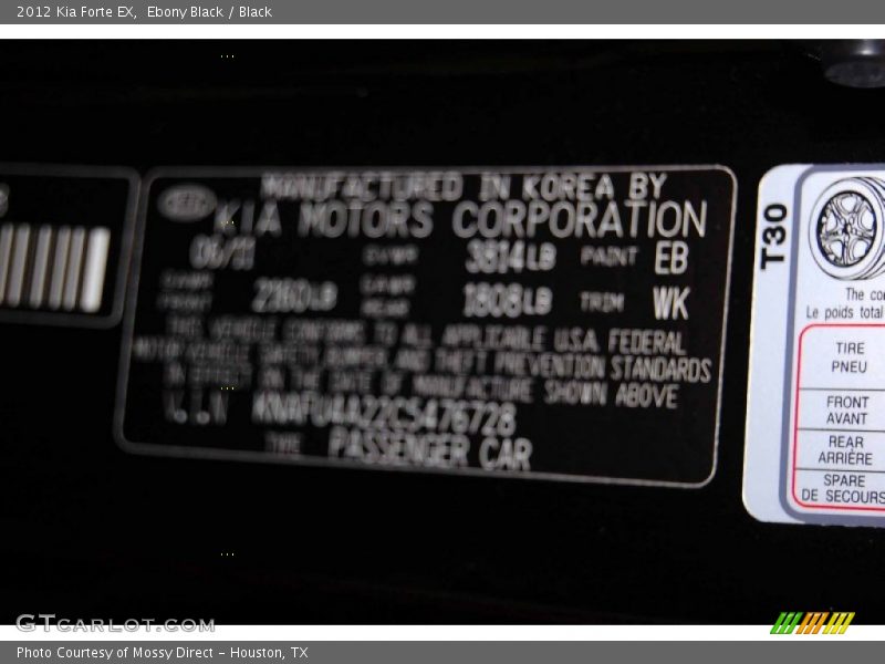 Ebony Black / Black 2012 Kia Forte EX