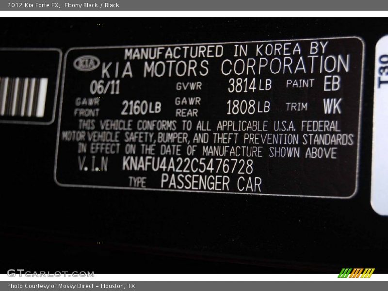 Ebony Black / Black 2012 Kia Forte EX