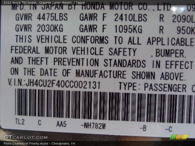 Graphite Luster Metallic / Taupe 2012 Acura TSX Sedan