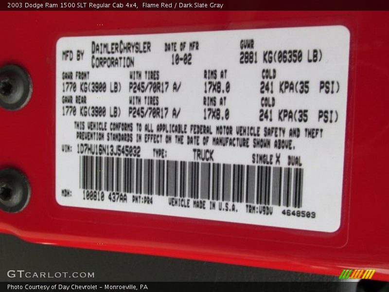 Flame Red / Dark Slate Gray 2003 Dodge Ram 1500 SLT Regular Cab 4x4