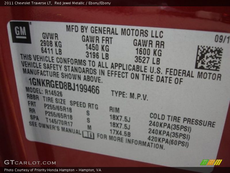 Red Jewel Metallic / Ebony/Ebony 2011 Chevrolet Traverse LT