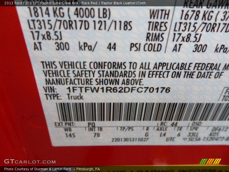 2013 F150 SVT Raptor SuperCrew 4x4 Race Red Color Code PQ