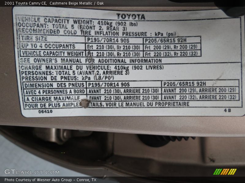 Cashmere Beige Metallic / Oak 2001 Toyota Camry CE