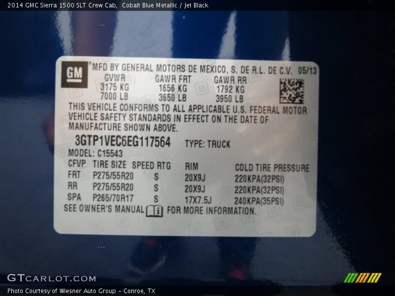 Info Tag of 2014 Sierra 1500 SLT Crew Cab
