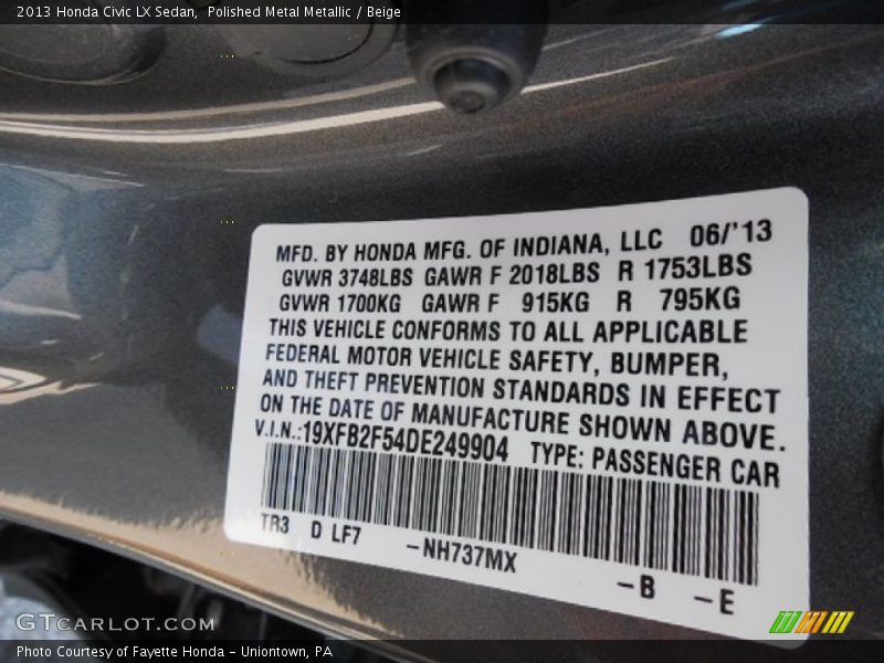 Polished Metal Metallic / Beige 2013 Honda Civic LX Sedan