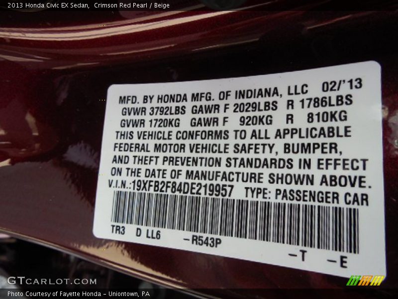 Crimson Red Pearl / Beige 2013 Honda Civic EX Sedan