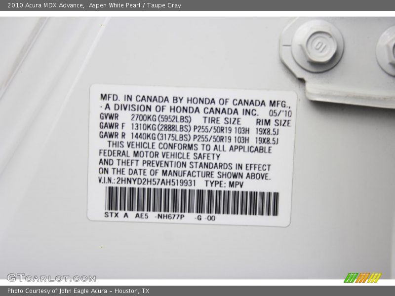 2010 MDX Advance Aspen White Pearl Color Code NH677P