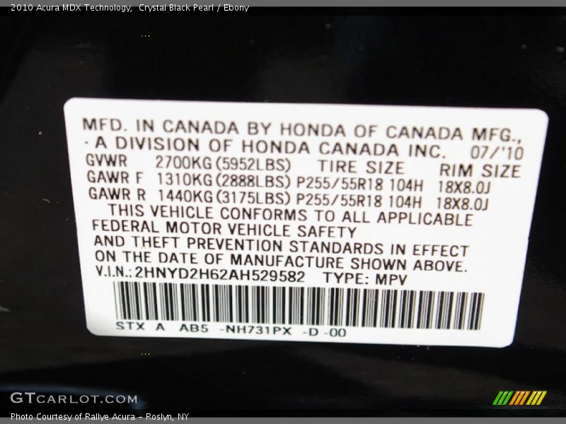 Crystal Black Pearl / Ebony 2010 Acura MDX Technology