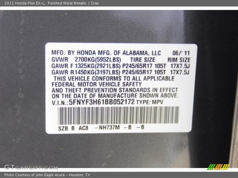 Polished Metal Metallic / Gray 2011 Honda Pilot EX-L