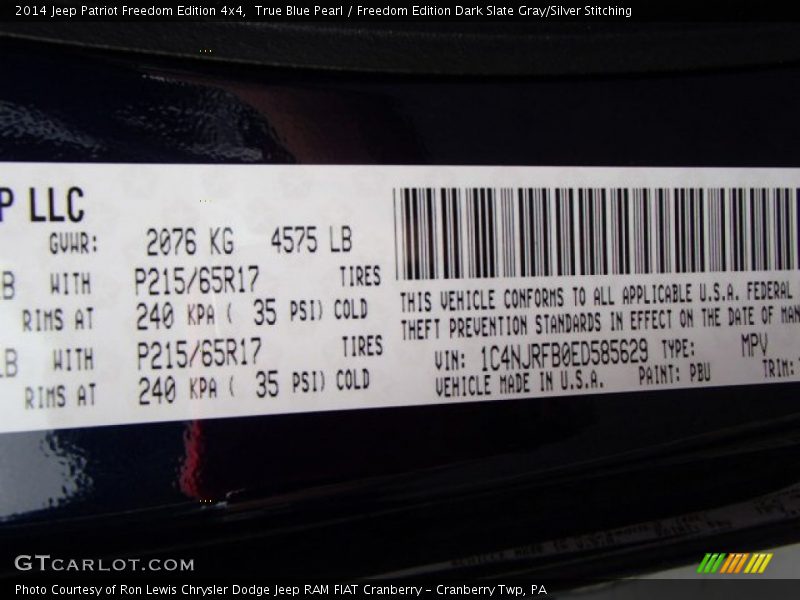 True Blue Pearl / Freedom Edition Dark Slate Gray/Silver Stitching 2014 Jeep Patriot Freedom Edition 4x4