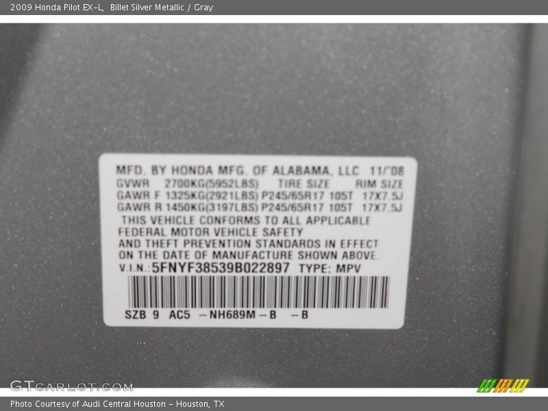 Billet Silver Metallic / Gray 2009 Honda Pilot EX-L
