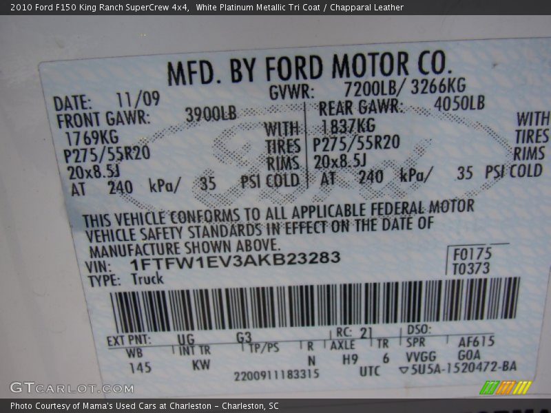 White Platinum Metallic Tri Coat / Chapparal Leather 2010 Ford F150 King Ranch SuperCrew 4x4