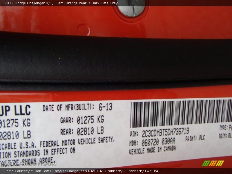 2013 Challenger R/T Hemi Orange Pearl Color Code PLC