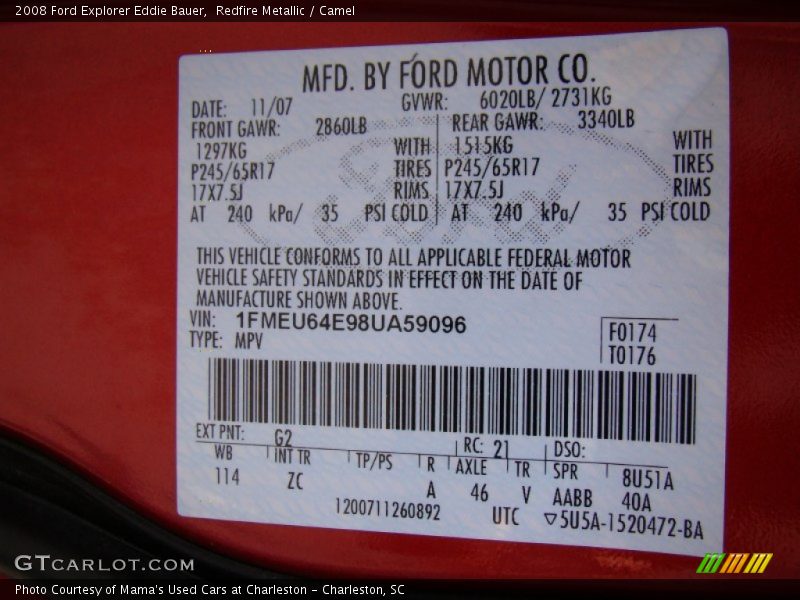 Redfire Metallic / Camel 2008 Ford Explorer Eddie Bauer